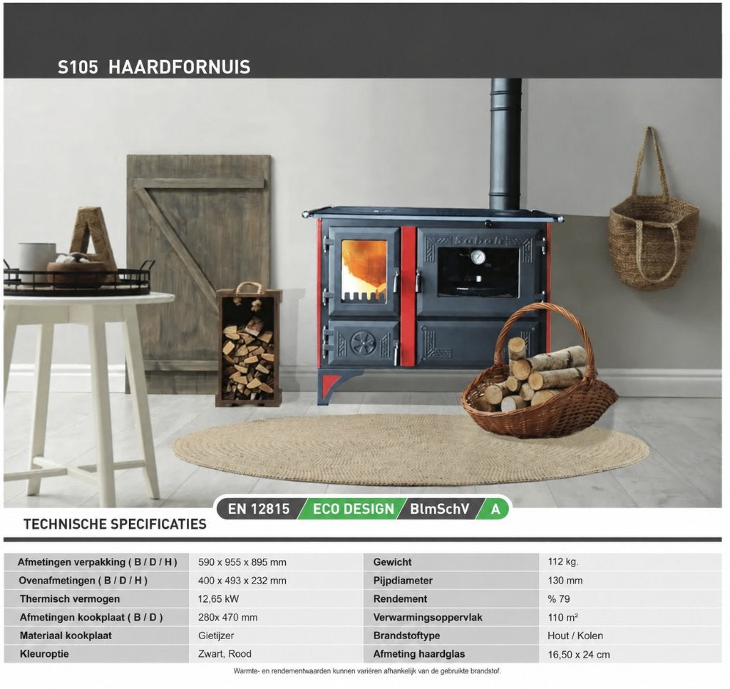 Sabah S105K Houtkachel + Met Thermometer - Gietijzer 12,65KW, Ophalen, Vrijstaand, Hout, Nieuw