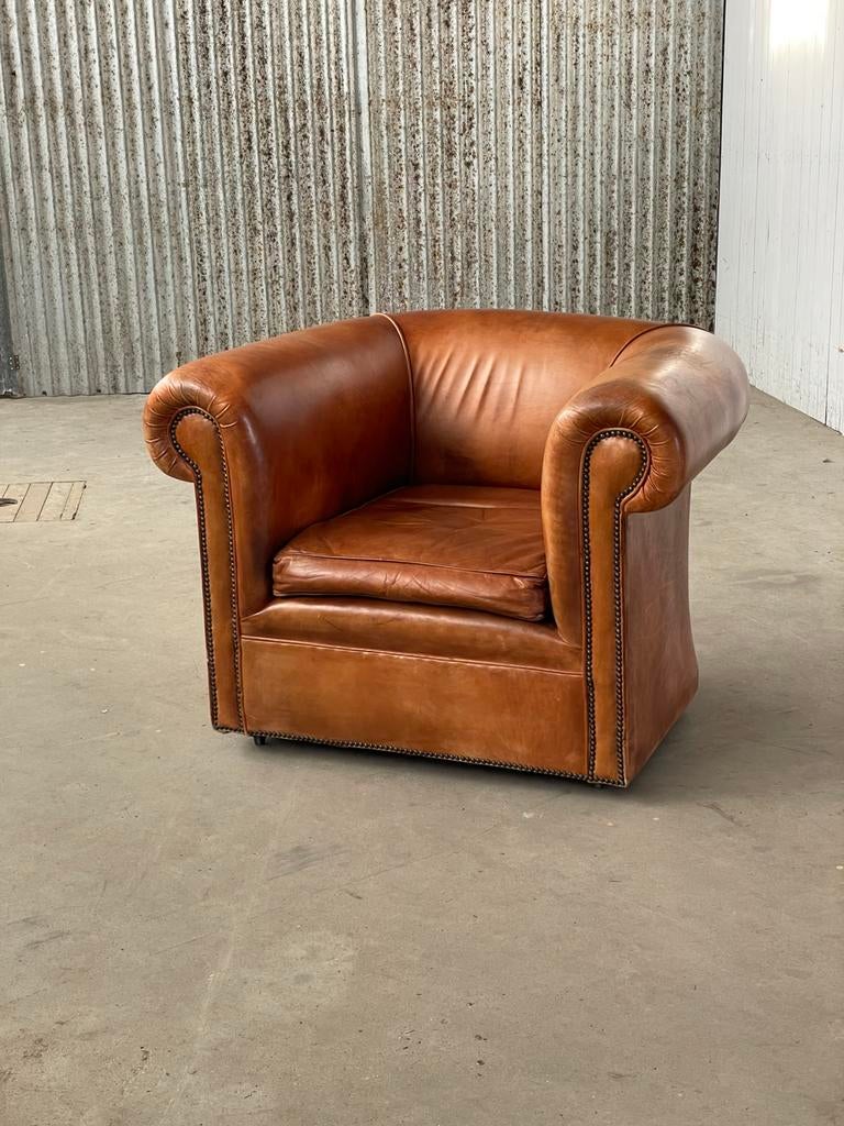 Vintage cognac bruin Leer clubfauteuil stoel design, Ophalen, Redesign, Gebruikt, Aalsmeer