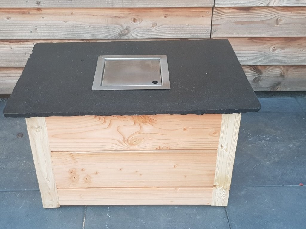 Houten vuurtafel met leistenen blad - 70x100 cm, Ophalen, Zo goed als nieuw