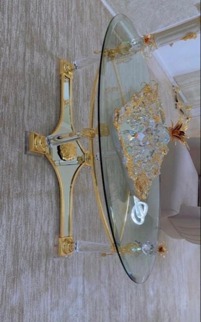 Vintage Vania Plexiglas Tafel Ovaal met Bladgoud - Hollywood, Ophalen, Kunststof, Zo goed als nieuw, 75 cm of meer