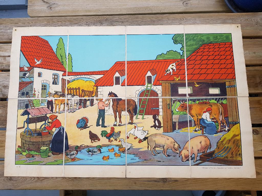 De boerderij oude schoolplaat uit Frankrijk litho op canvas.