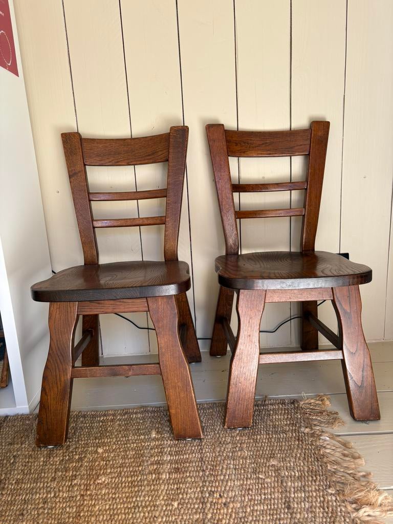 Set van 4 massief eiken stoelen – brutalist - japandi, Huis en Inrichting, Stoelen, Gebruikt, Vier, Hout, Bruin, Ophalen