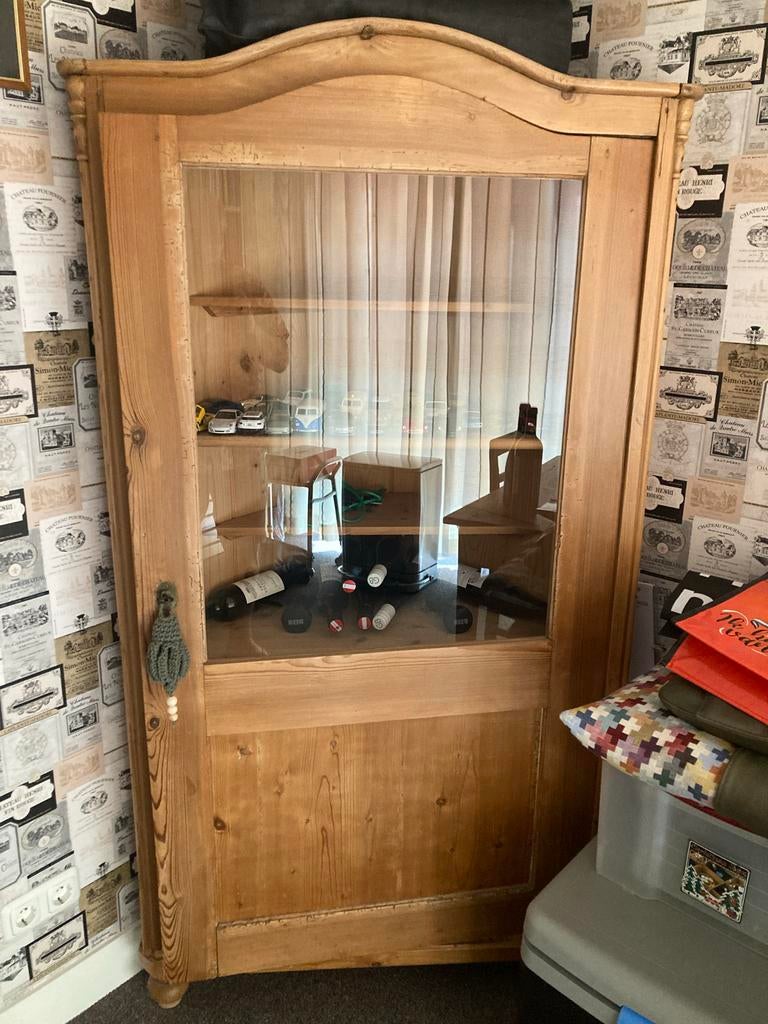 Massief grenen houten hoek vitrinekast met glazen deur, Ophalen, 50 tot 100 cm, 50 tot 75 cm, Gebruikt