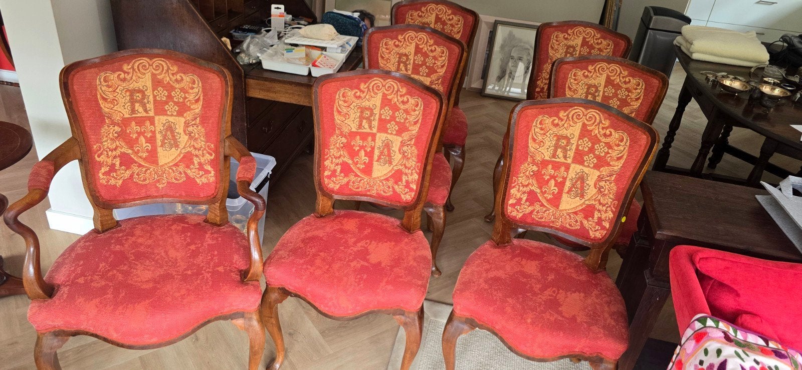 6 Antieke Eetkamerstoelen - Fluweelachtig Gestoffeerd, Antiek en Kunst, Ophalen