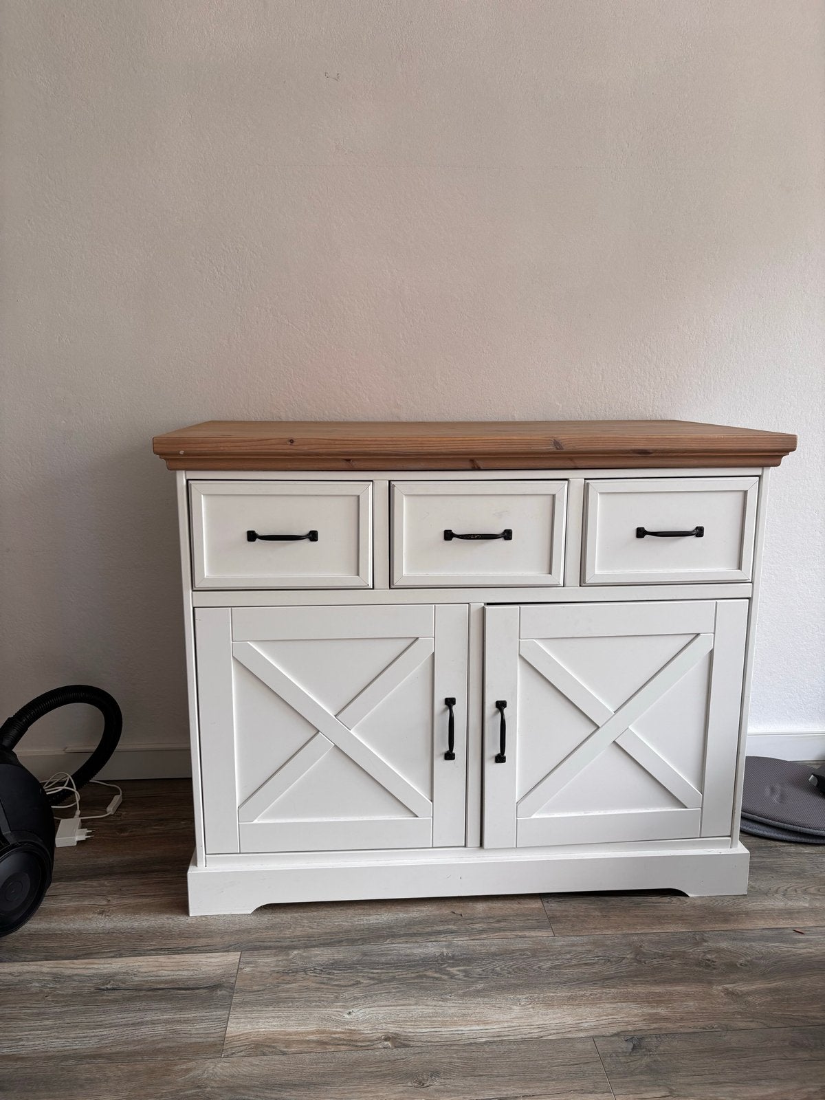 Wit landelijk dressoir met houten blad - 115x93x59 cm, Ophalen, Gebruikt, 100 tot 150 cm, Met lade(s)
