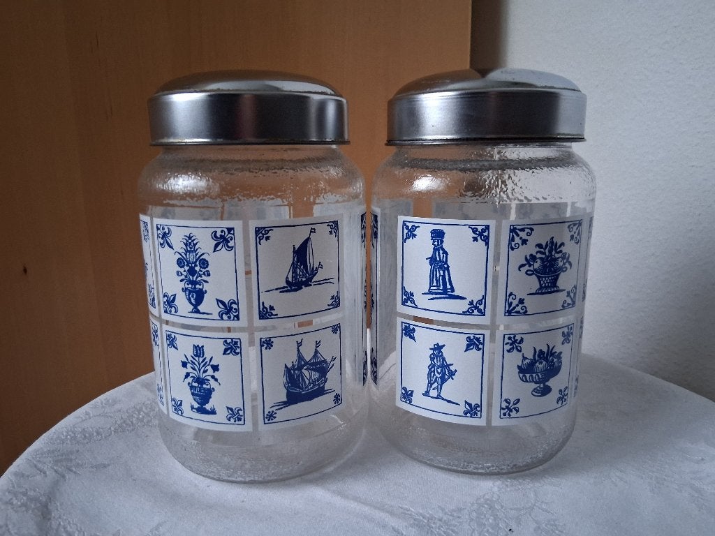 Vintage voorraadpotten Delfts blauw tegeltjesmotief *eureka*, Ophalen of Verzenden, Gebruikt, Glas, Overige merken