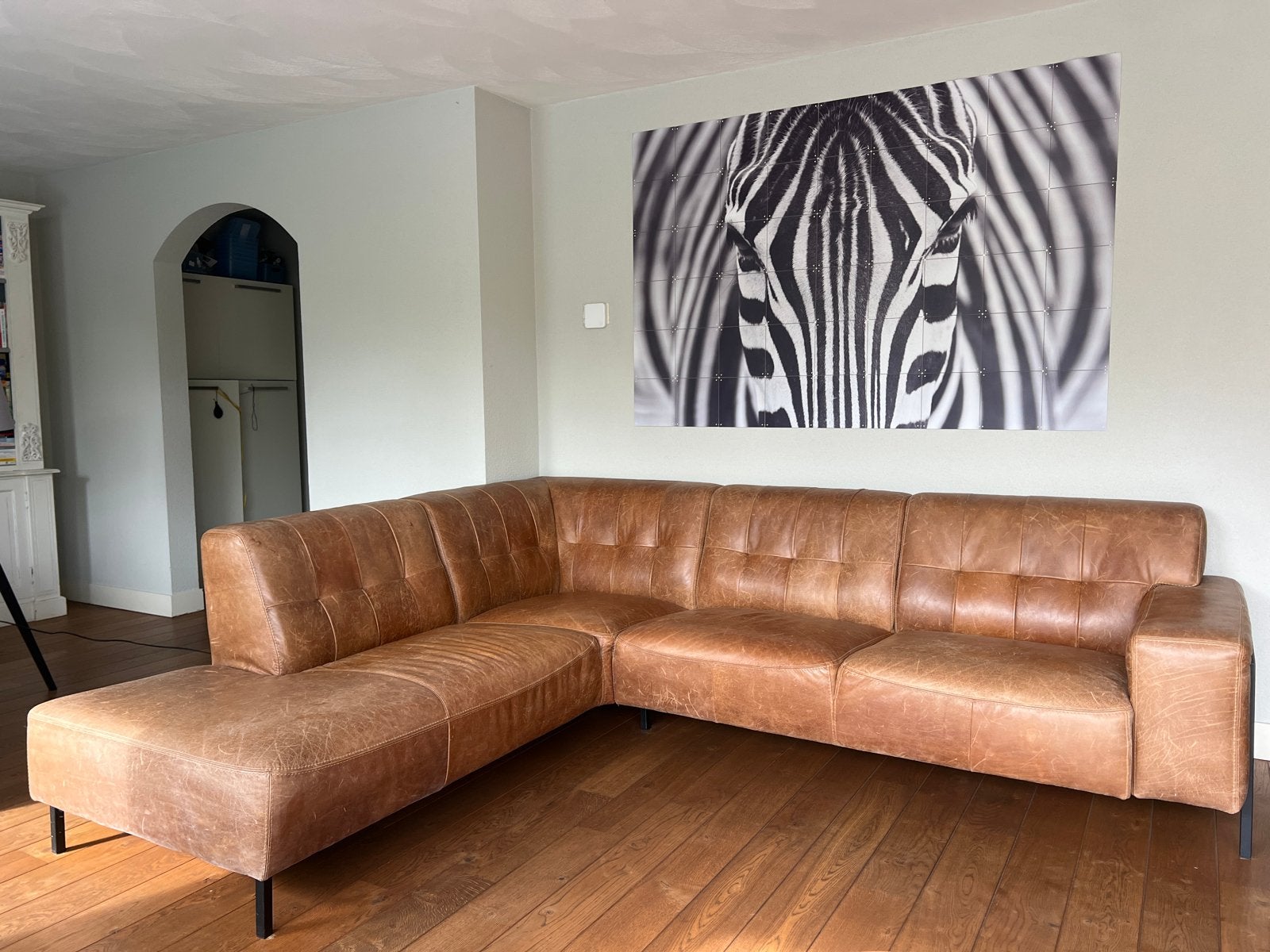 Leren hoekbank, cognac kleur, 4-persoons, Huis en Inrichting, Banken | Bankstellen, Ophalen, 250 tot 300 cm, Gebruikt, Hoekbank