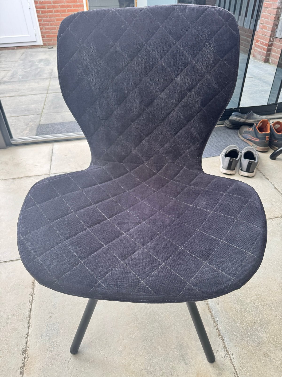 Donkerblauwe eetkamerstoelen met ruitpatroon -Set van 6, Gebruikt, Blauw, Ophalen of Verzenden, Stof