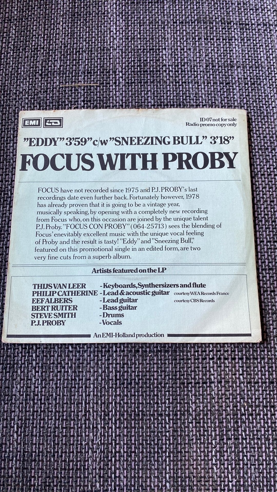 Vinyl promo single Focus with Proby - Eddy, Ophalen of Verzenden, Zo goed als nieuw, Pop