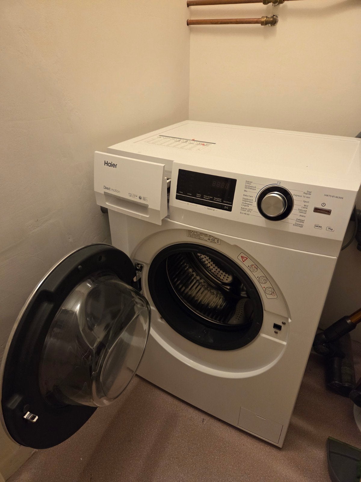 Haier HW70-B14636N Wasmachine - 8kg, 1400 toeren, Witgoed en Apparatuur, Wasmachines, Zo goed als nieuw, Voorlader, 85 tot 90 cm