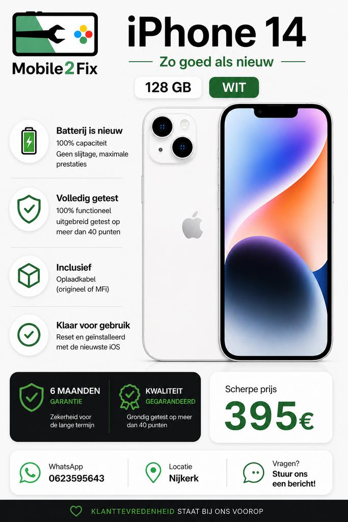 Zgan apple iphone 14 128gb (nieuw accu, 6 maanden garantie), Telecommunicatie, Mobiele telefoons | Apple iPhone, Zo goed als nieuw