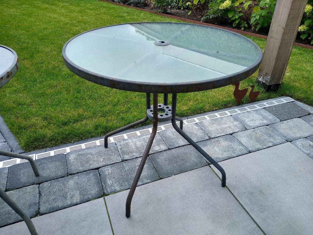 Ronde Tuintafel met glazen blad (80 cm), Tuin en Terras, Tuintafels, Ophalen, Gebruikt, Rond, Metaal
