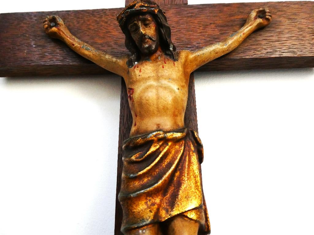 Hout kruisbeeld met corpus Jezus INRI kelk ca. 1850, Antiek en Kunst, Antiek | Religie, Ophalen of Verzenden