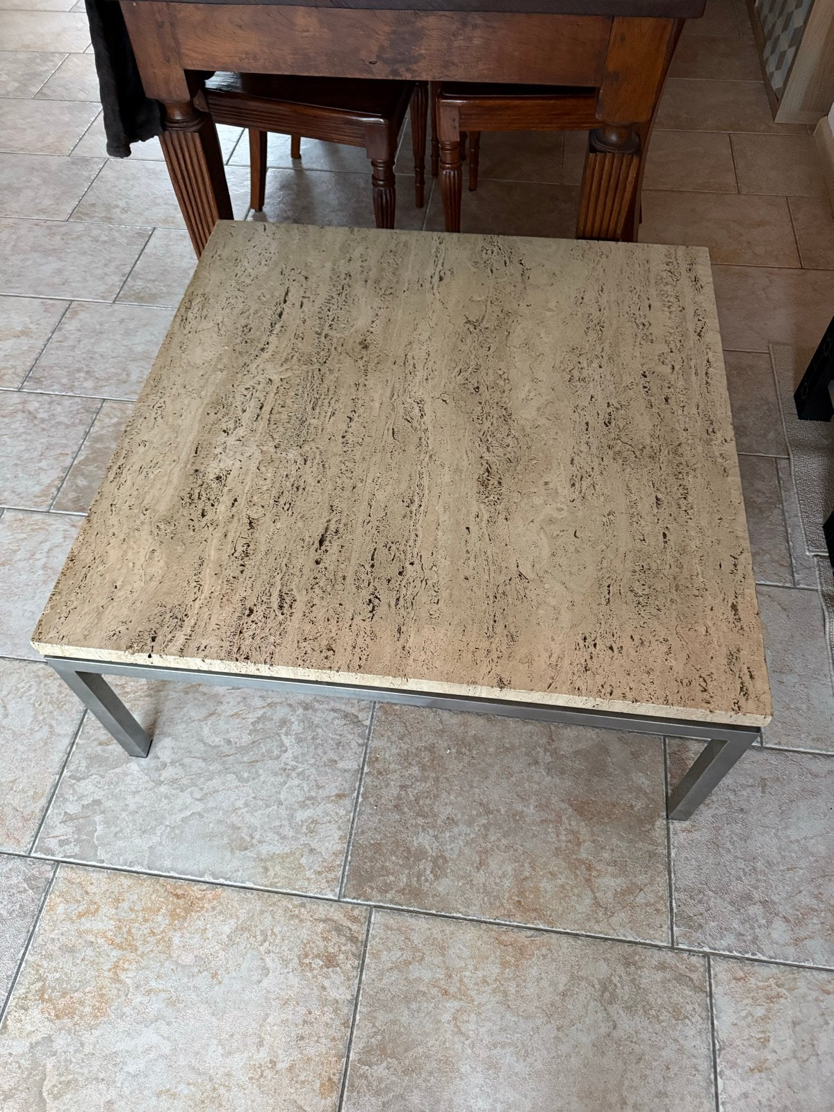 Vierkante Travertin Salontafel met Metalen Onderstel, Gebruikt, Vierkant, Metaal, 50 tot 100 cm