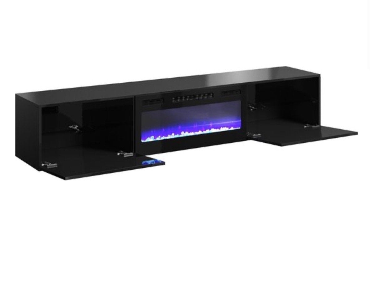 Zwevend Tv-meubel Slide 200cm hoogglans zwart met sfeerhaard, Kunststof, Ophalen of Verzenden, Zo goed als nieuw, 200 cm of meer