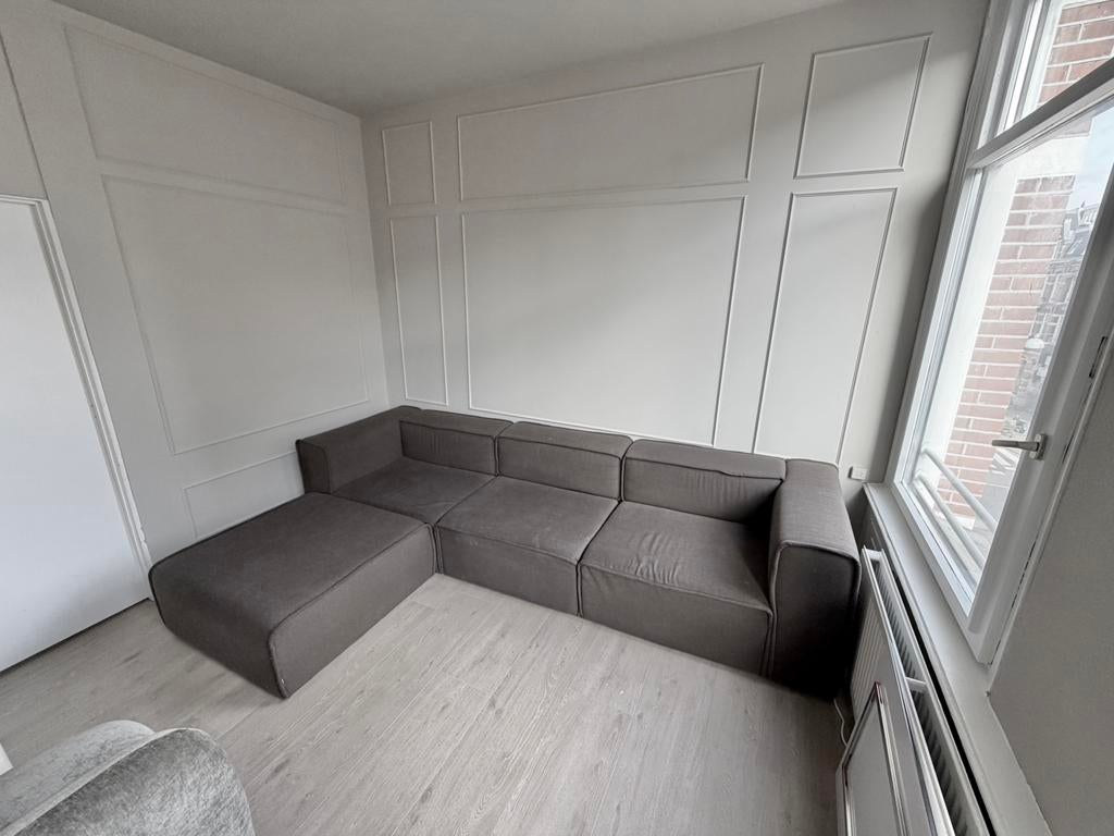 Donkerbruine hoekbank, Ophalen, 250 tot 300 cm, Gebruikt, 100 tot 125 cm