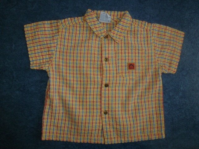 1 mooi geel/oranje geblokte blouse met korte mouwen maat 86, Kinderen en Baby's, Babykleding | Maat 86, Ophalen of Verzenden, Zo goed als nieuw