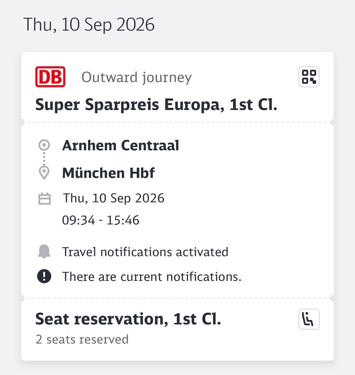 2 tickets enkele reis 1e klas Munchen donderdag 10 sept., Twee personen, Trein, Buitenland, Met bestemming of datum