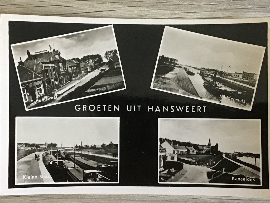 Oude ansichtkaart Groeten uit Hansweert (Zeeland) 1953, Verzamelen, Ophalen of Verzenden, 1940 tot 1960, Gelopen, Zeeland