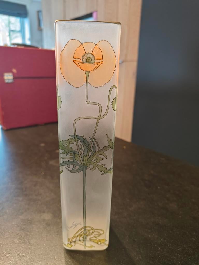 Art Nouveau Glazen Vaas - Mucha Stijl - Vintage -, Ophalen of Verzenden