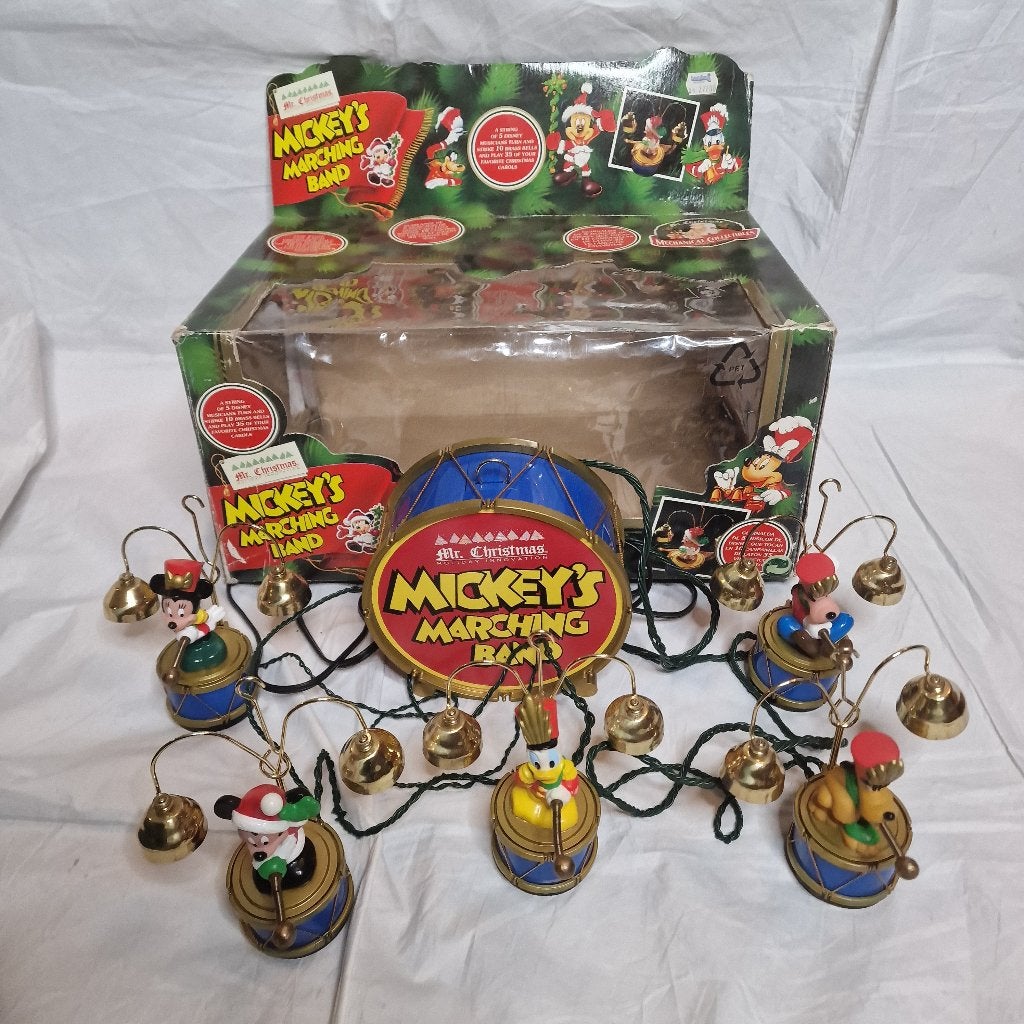 Disney Mr. Christmas Mickey's Marching Band vintage jaren 90, Ophalen of Verzenden, Mickey Mouse, Gebruikt, Beeldje of Figuurtje