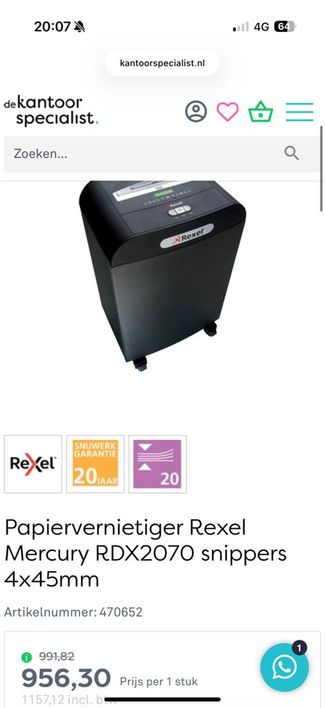 Rexel Mercury RDX2070 papierversnipperaar, Ophalen, Gebruikt, Overige typen