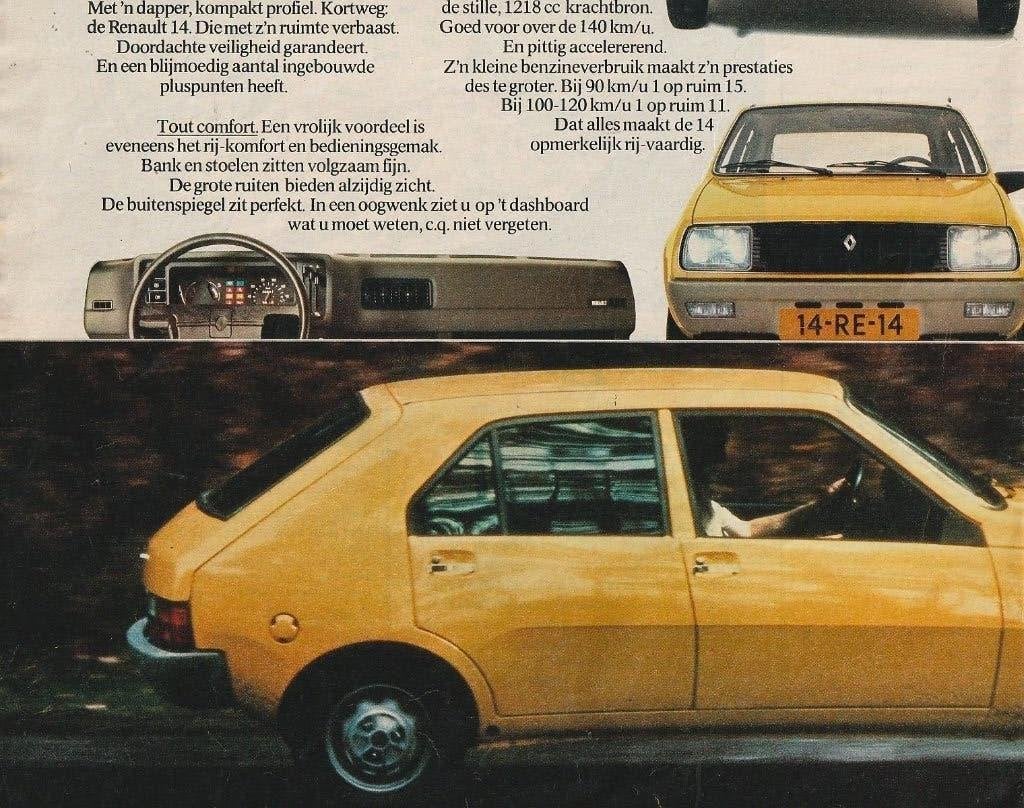 Retro reclame 1977 Renault 14 auto het vrolijke wegwezen, Verzenden, Overige typen