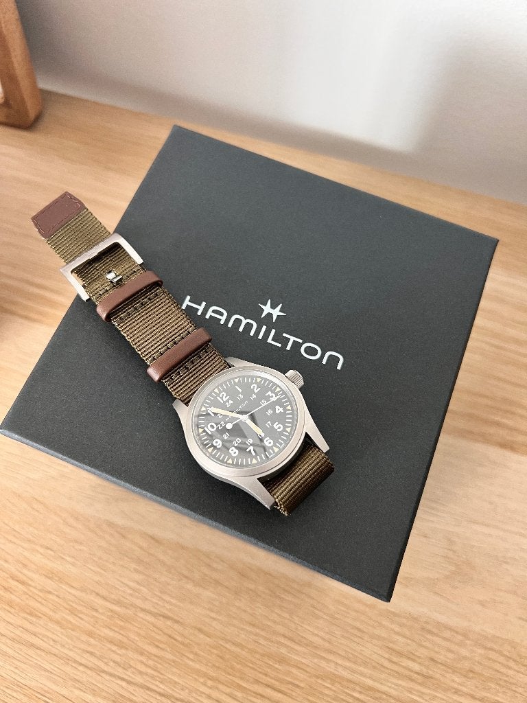 Hamilton Khaki Field Mechanical 38mm, Leer, Polshorloge, Zo goed als nieuw, Ophalen