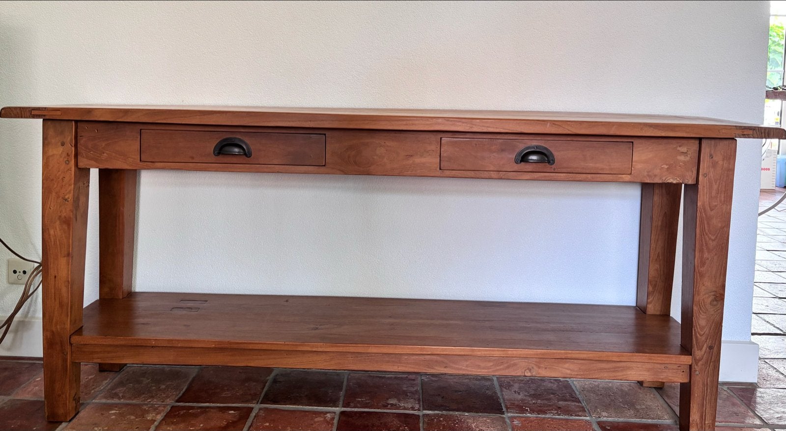 Teakhouten sidetable met 2 laden en onderplank, Ophalen, Gebruikt, 25 tot 50 cm, Teakhout