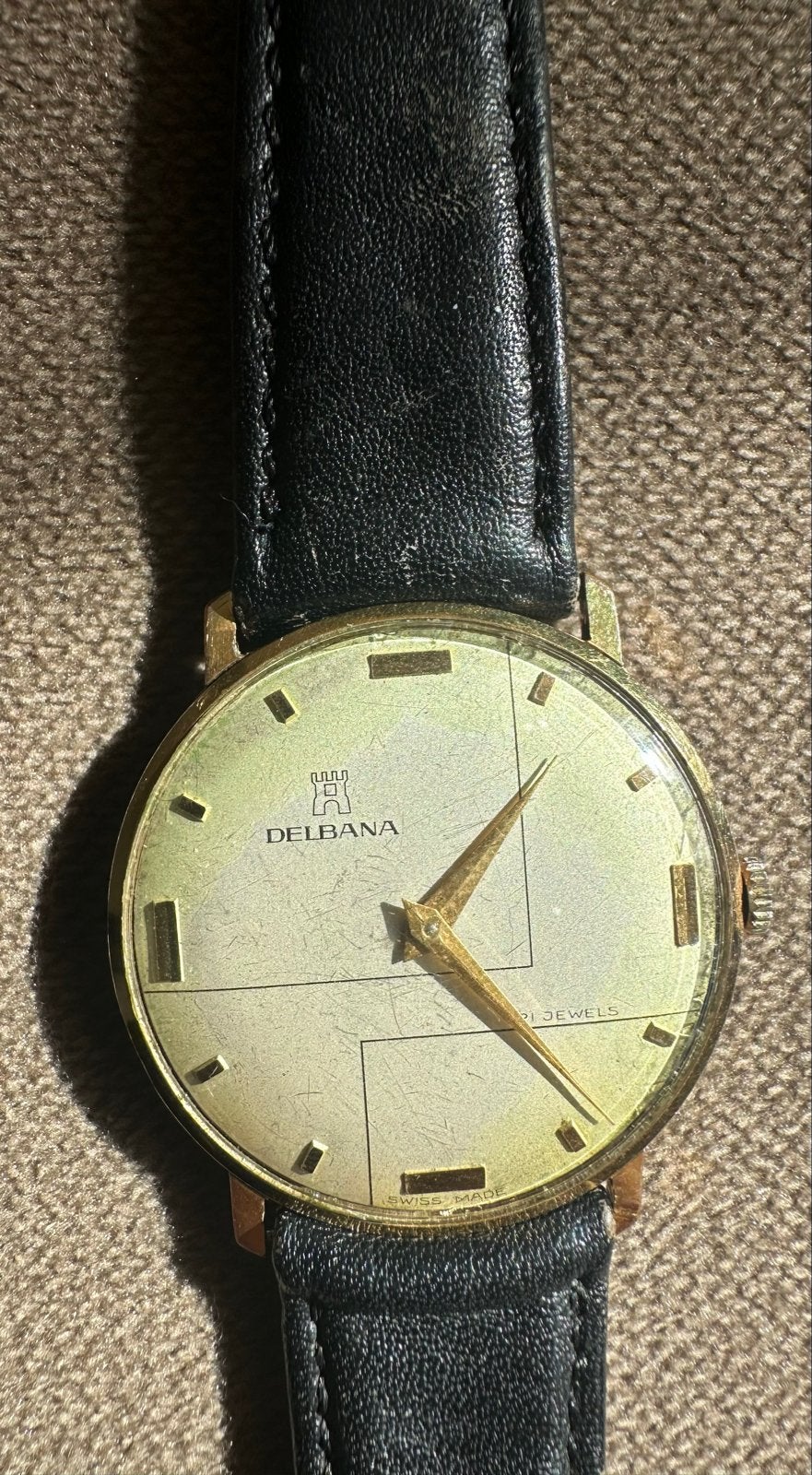 Vintage Delbana Polshorloge - Verguld met Leren Bandje, Sieraden, Tassen en Uiterlijk, Horloges | Antiek, Overige merken, Overige materialen