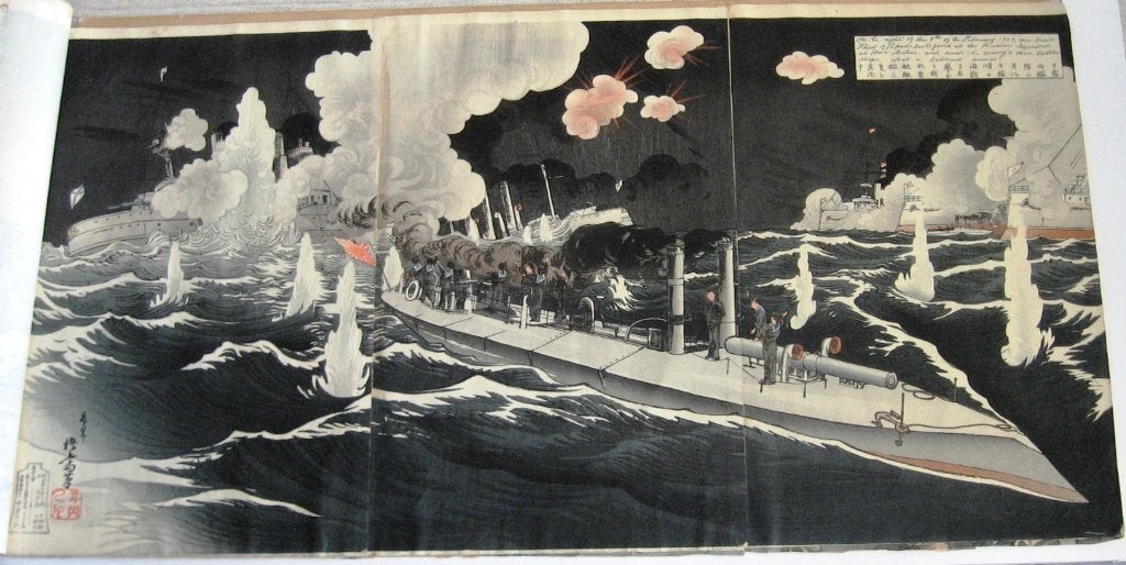 Album 18 kleurenhoutblokgravures [c1905] Zeeslag Port Arthur, Antiek en Kunst, Ophalen of Verzenden