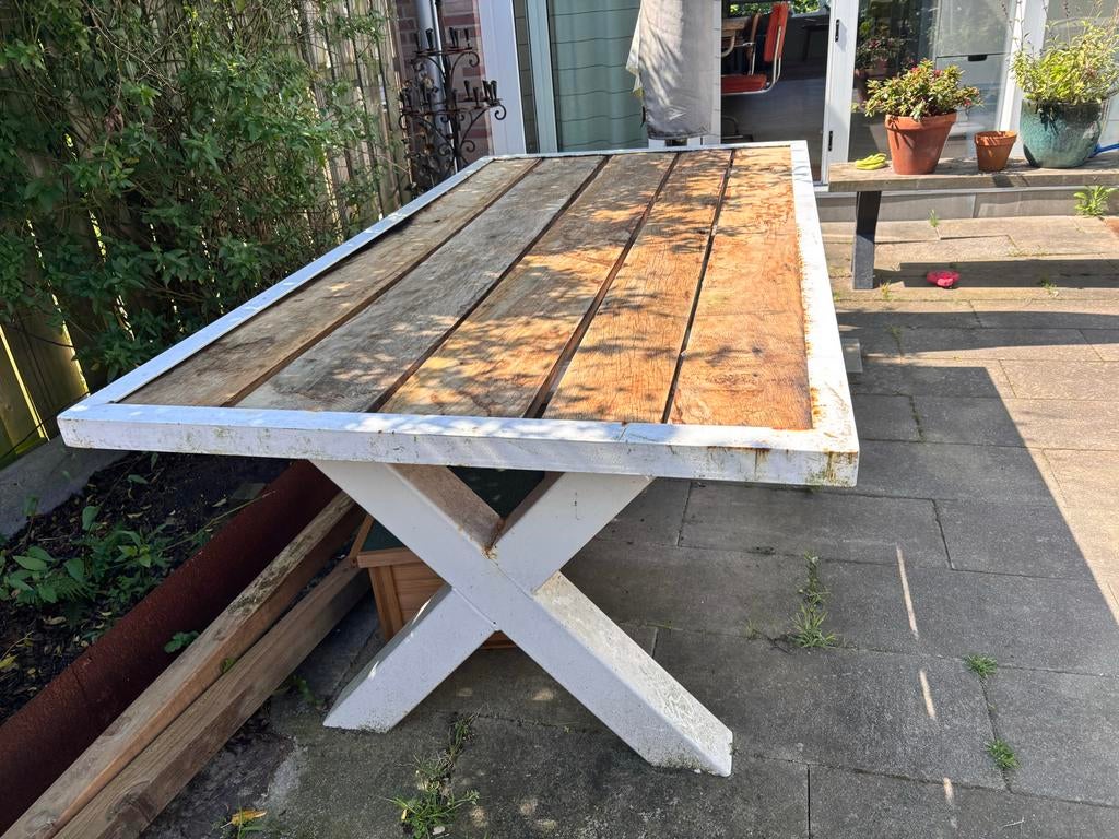Tuintafel 190x100 cm met metalen X-poten en houten blad, Tuin en Terras, Tuintafels, Ophalen, Gebruikt, Rechthoekig, Hout