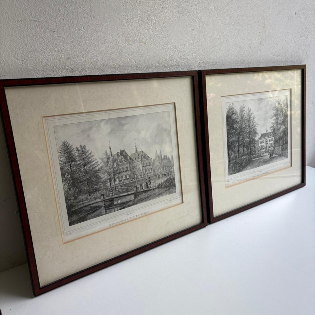 Tweemaal litho Voorschoten 1855, 1800 - 1899, Architectuur, Ingelijst, Ophalen of Verzenden