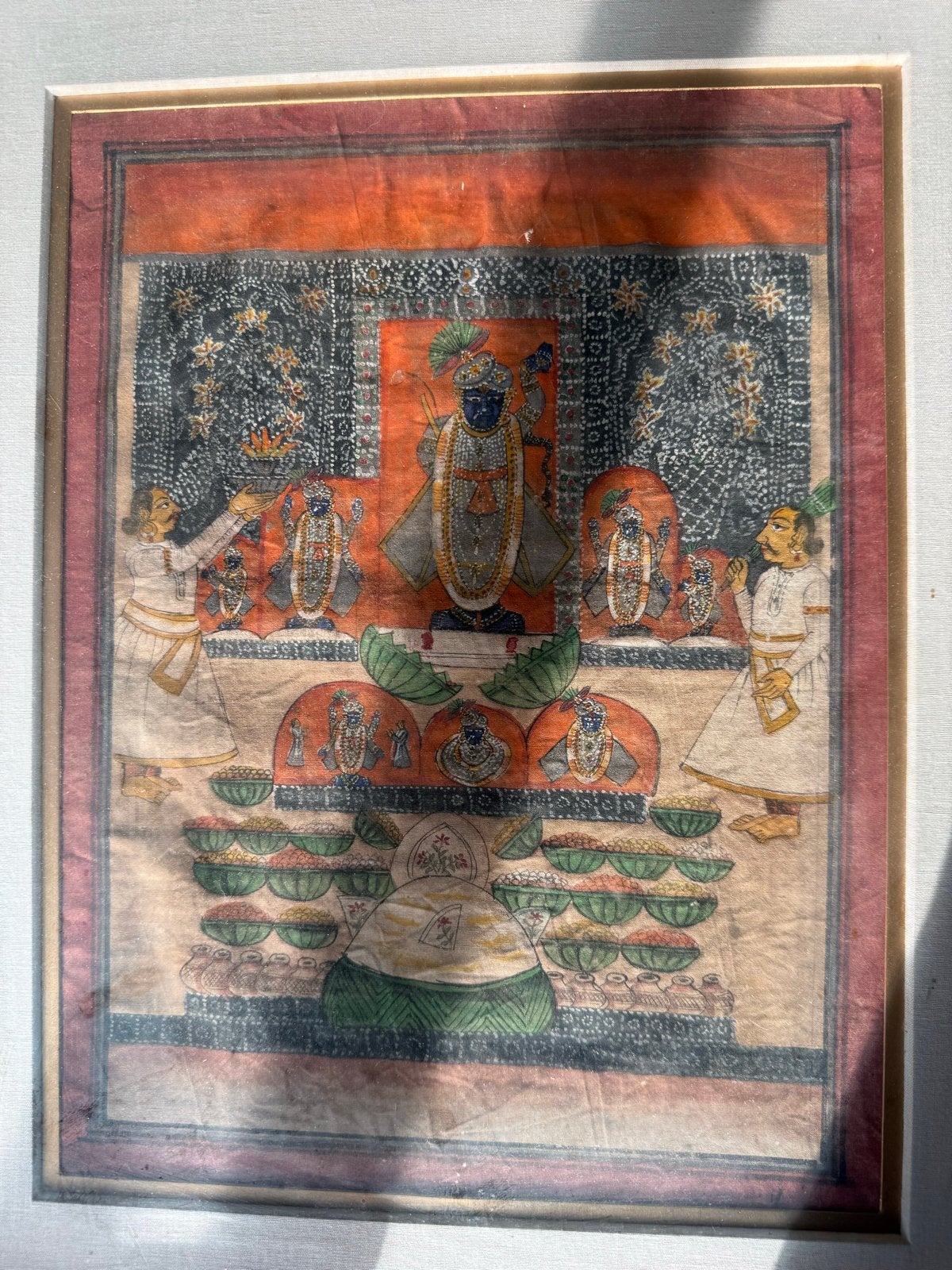 Antieke Indiase Pichwai schildering (52x43cm), Ophalen, India, Meerkleurig, Geschilderd