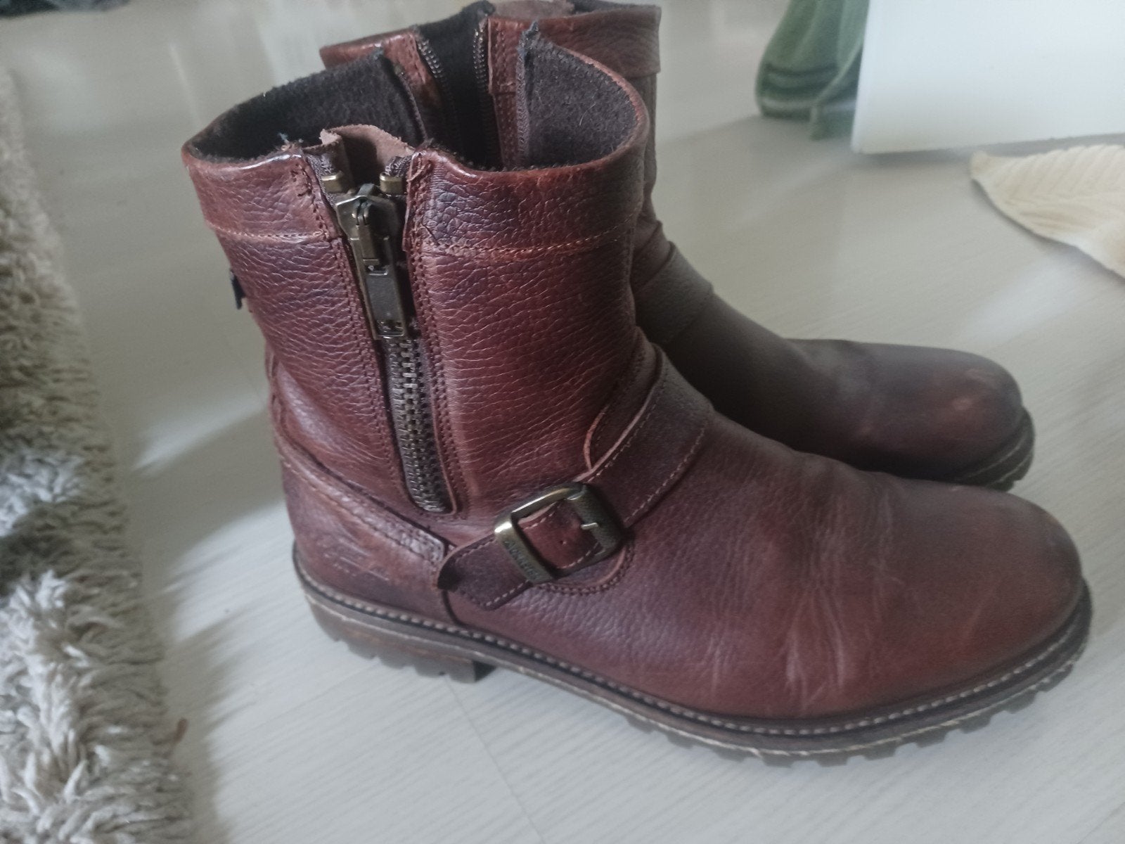 Stoere bruine leren laarzen met rits en gesp, Ophalen of Verzenden, Gedragen, Bruin