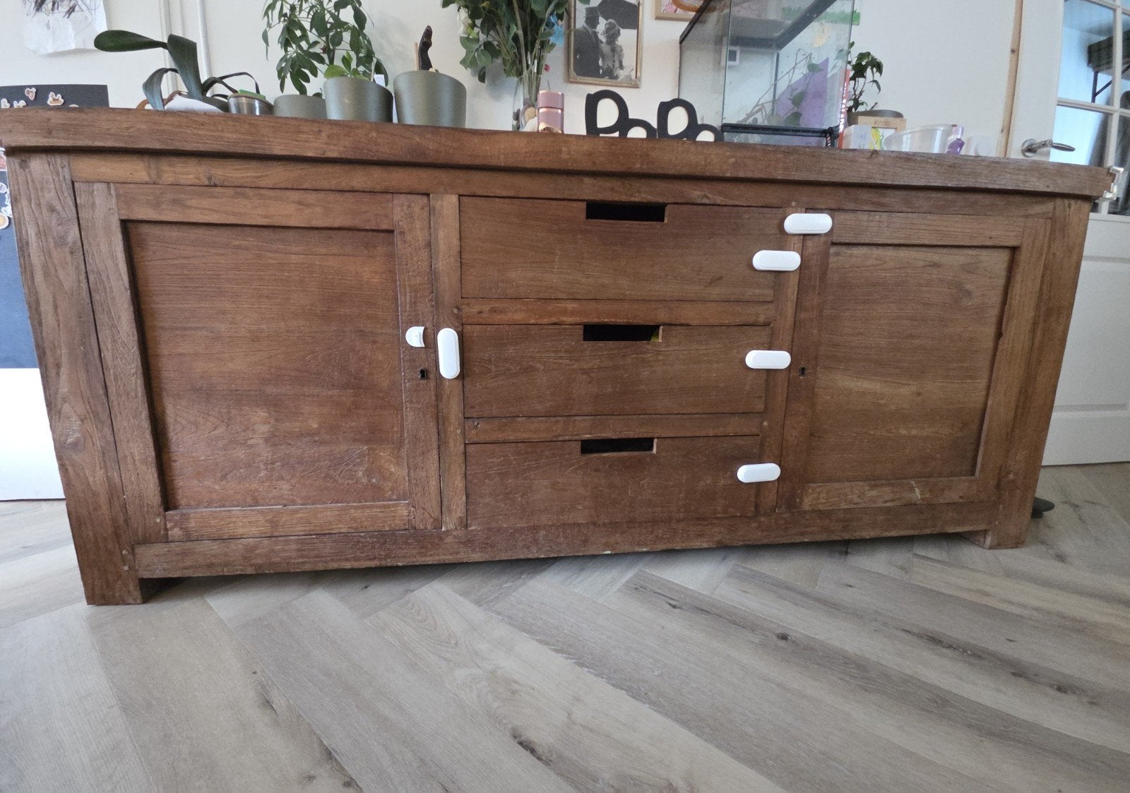 Massief houten dressoir met lades en deuren, Gebruikt, 150 tot 200 cm, Ophalen of Verzenden, Landelijke stijl