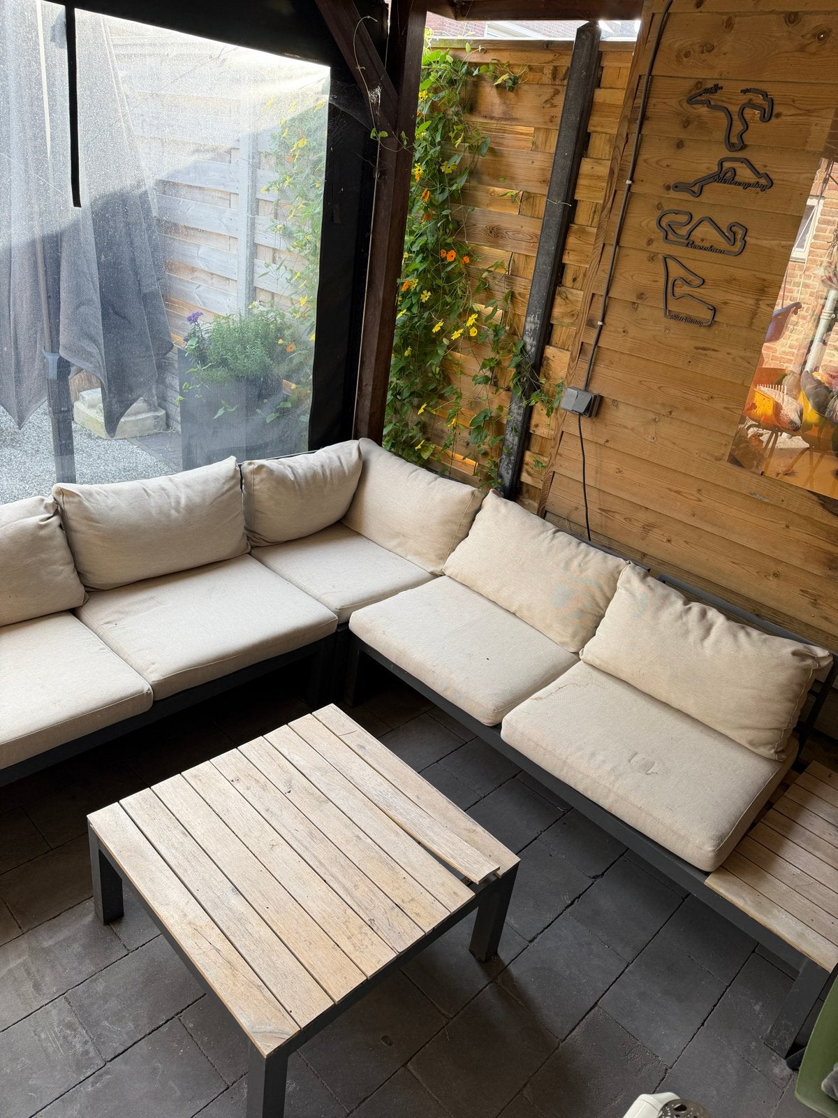 Loungeset buiten met houten tafel en comfortabele kussens, Ophalen, Gebruikt, Meer dan 8 zitplaatsen, Loungeset