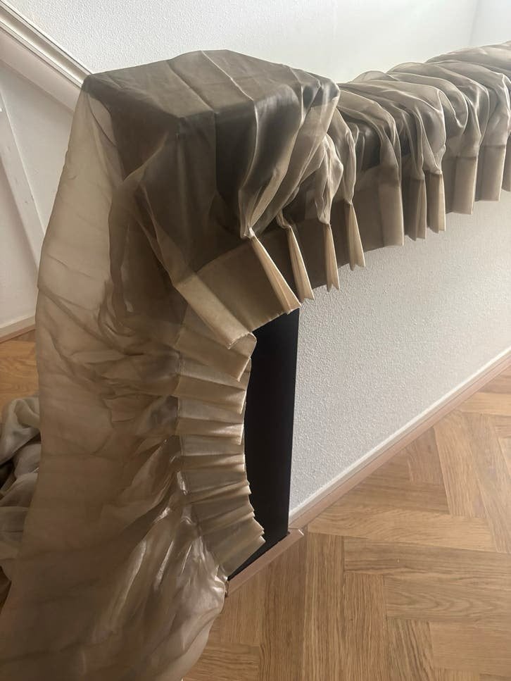 Prachtige vitrage 'Suikertuin', 4 stuks, ca. 2 bij 3 m, Vitrage, Gebruikt, Beige, Ophalen of Verzenden