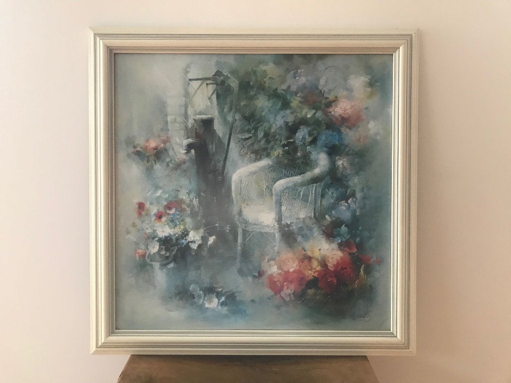 Schilderij, buiten tafereel in houten lijst 64x64cm., Antiek en Kunst, Kunst | Schilderijen | Klassiek, Ophalen of Verzenden