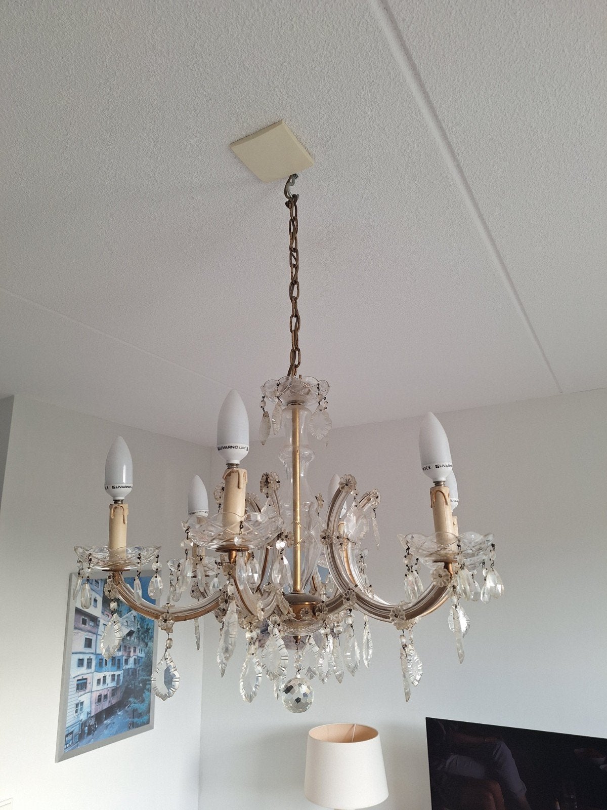 Elegante kroonluchter met kristallen hangers, Ophalen, Gebruikt, Klassiek, Kristal, Barok, E14 (klein)