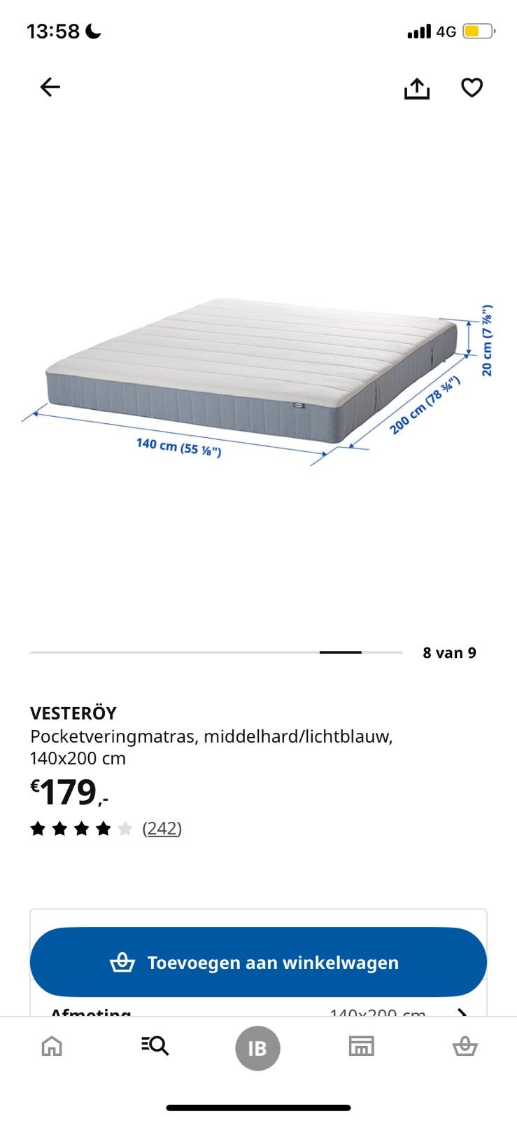 Vesteröy matras Ikea 140x200cm (middelhard), Ophalen, Tweepersoons, 140 cm, Zo goed als nieuw
