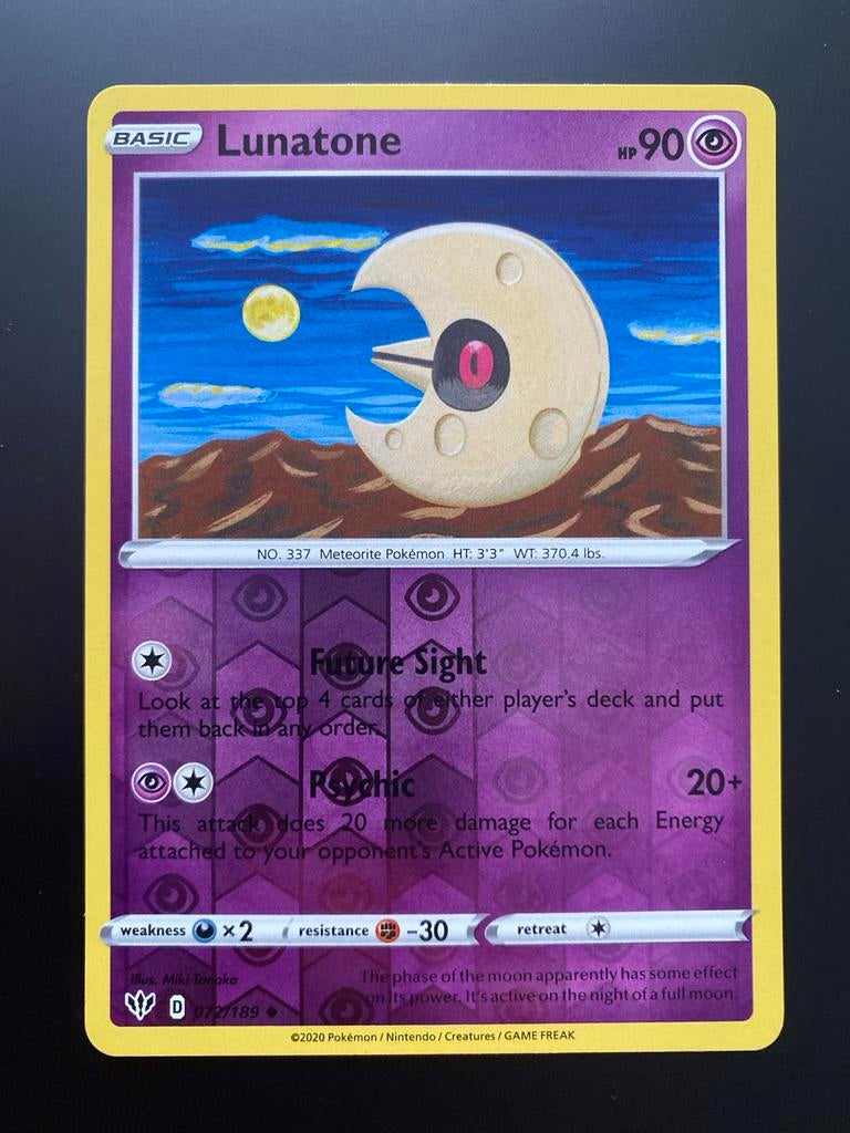 Lunatone Rev. Holo Pokémon Sword & Shield Darkness Ablaze, Ophalen of Verzenden, Zo goed als nieuw, Losse kaart