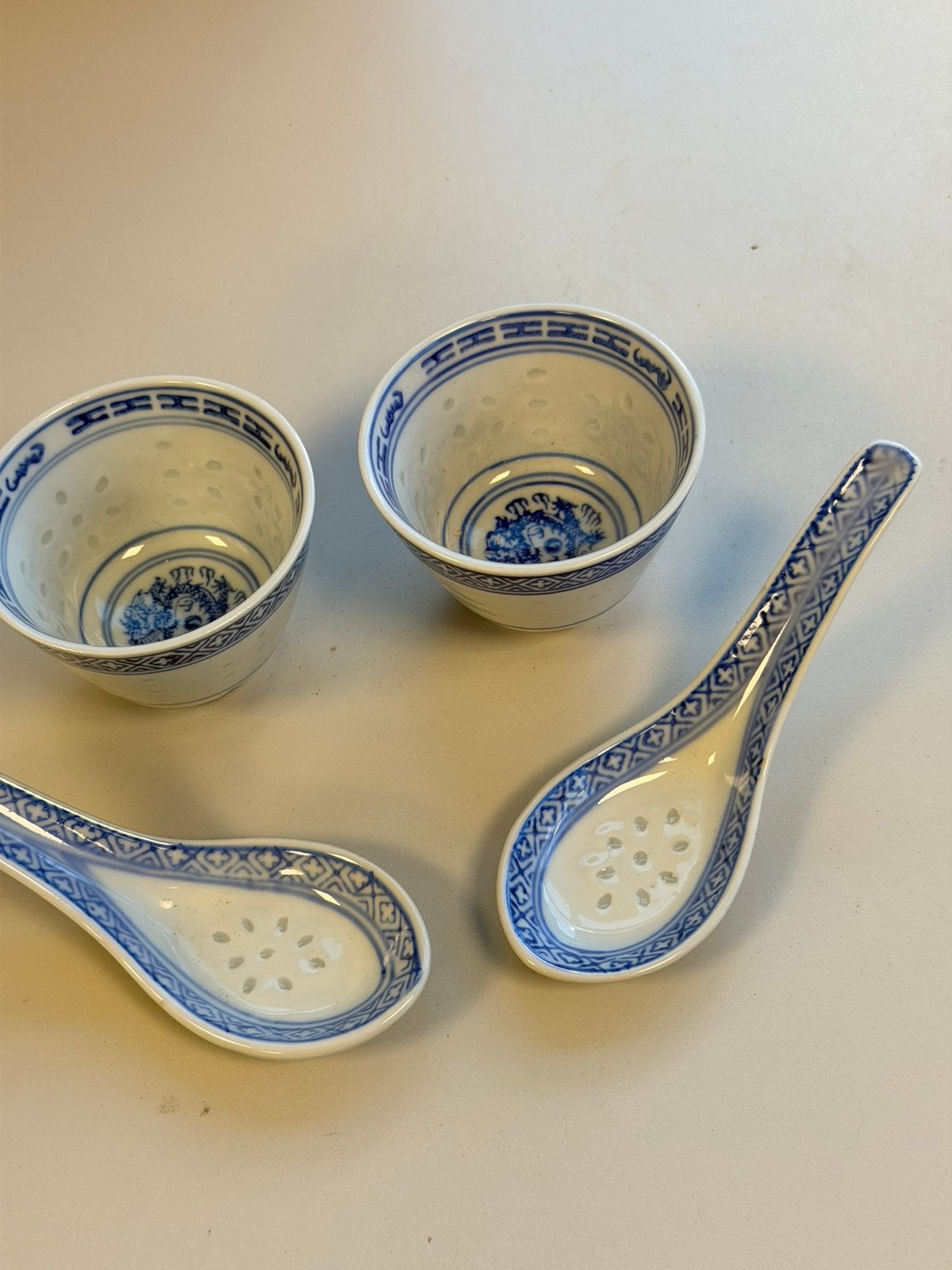 Blauw Wit Porseleinen chinese Rijstkommen + Lepels servies, Ophalen of Verzenden