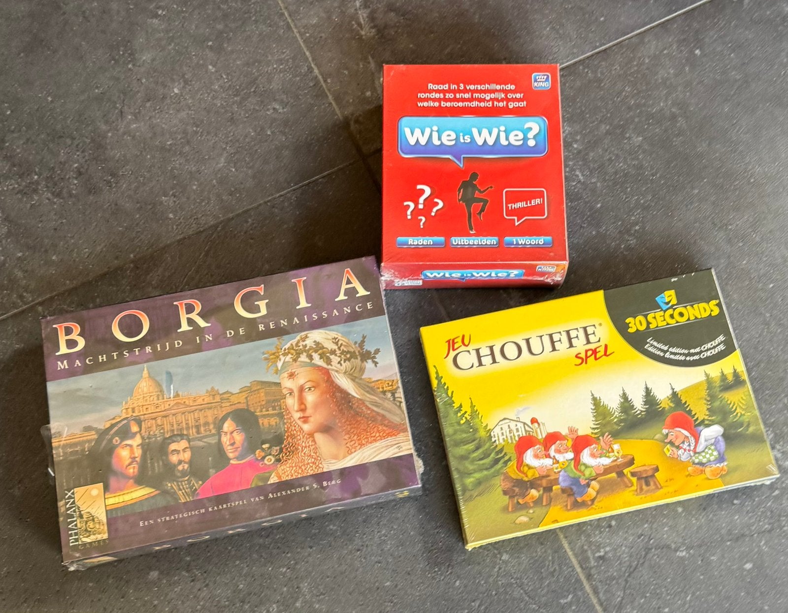 3 spellen: borgia, wie o wie en 30 seconds chouffe nieuw, Hobby en Vrije tijd, Ophalen of Verzenden, Nieuw