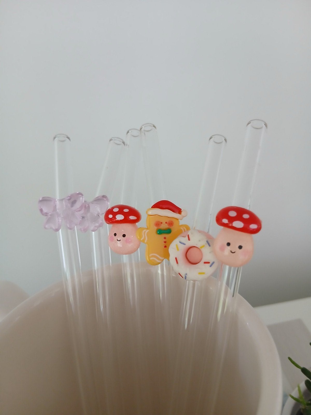 Glazen rietje paddenstoel/donut/vlinder/kerst €1,99 per stuk, Ophalen of Verzenden, Nieuw