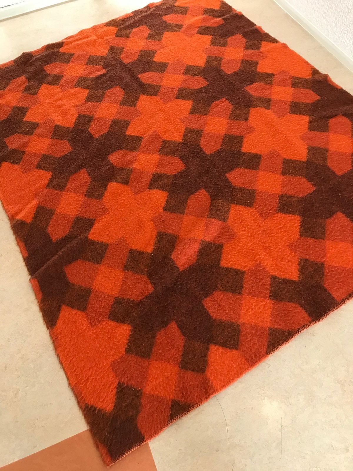 Vintage wollen deken, oranje/bruin, 100% scheerwol, Huis en Inrichting, 150 tot 200 cm, Ophalen of Verzenden, Zo goed als nieuw