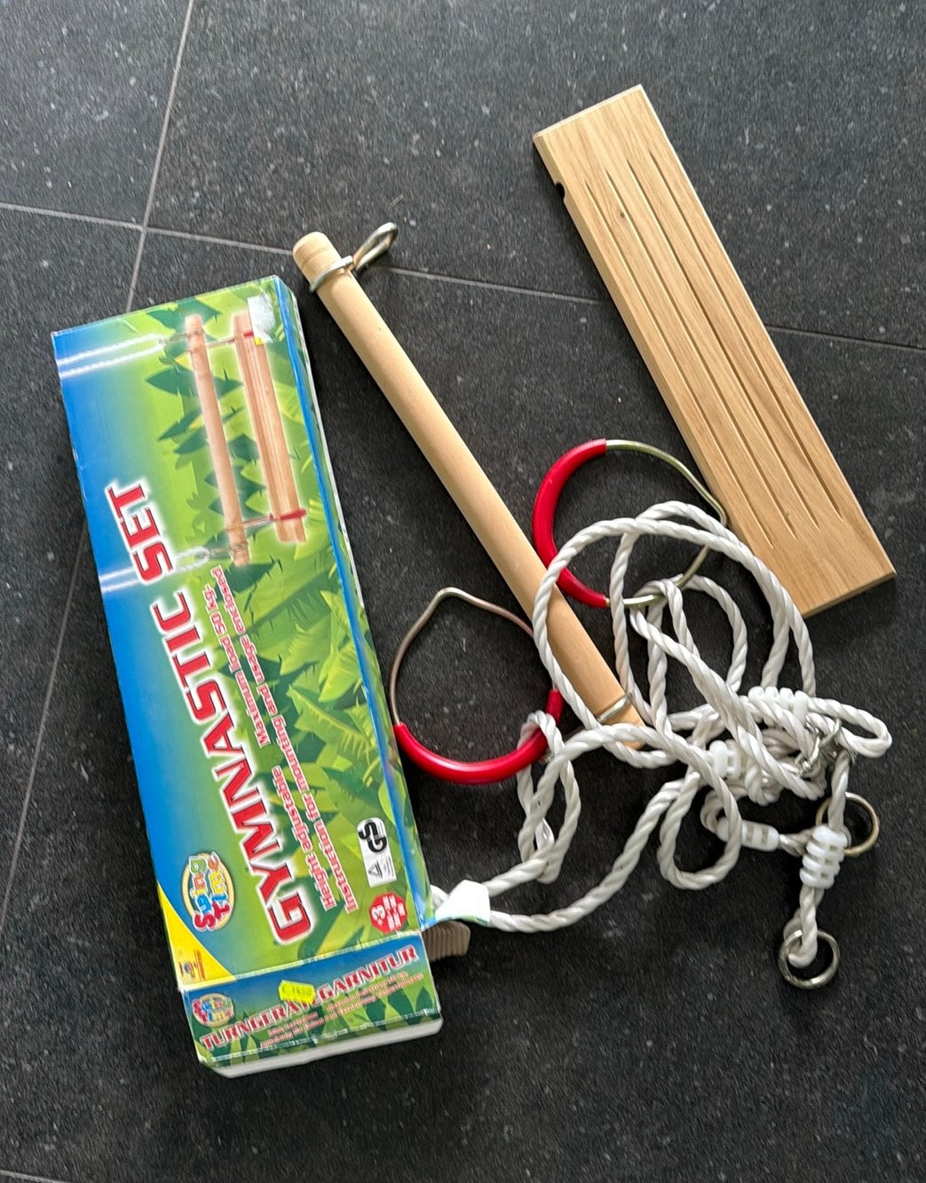 Houten schommel rekstok ringen, Ophalen, Gebruikt