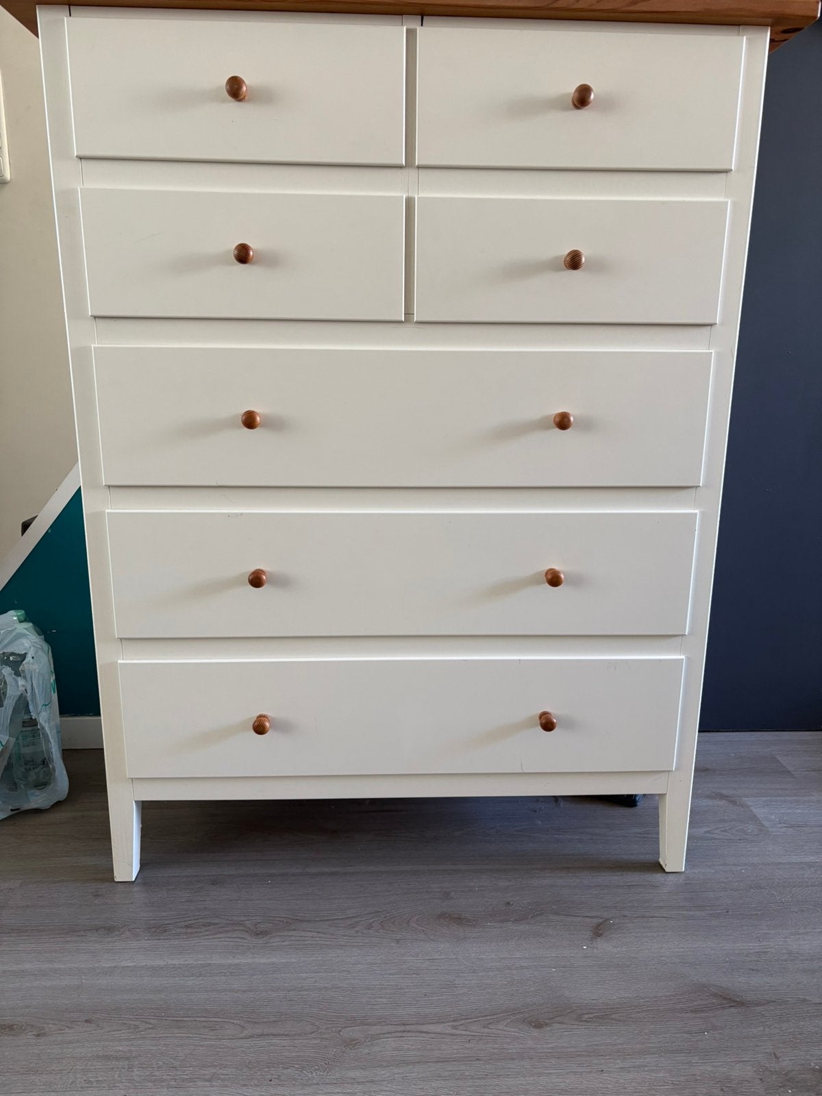 Witte ladekast met houten blad, Ophalen, Gebruikt, 100 tot 150 cm, 5 laden of meer