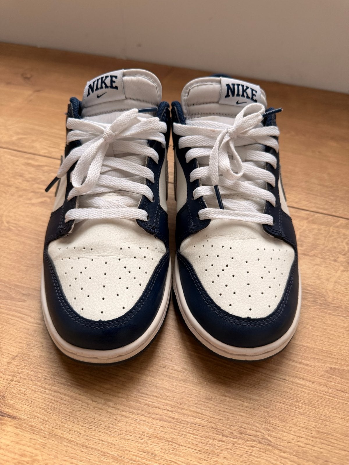 Nike Dunk Low Summit White Midnight Navy, Verzenden, Gedragen, Blauw, Sneakers of Gympen