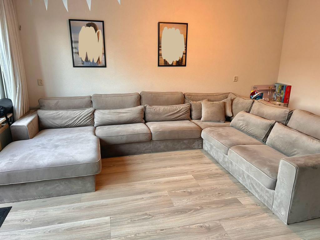 Prachtige taupe velvet u bank, Ophalen, Zo goed als nieuw, Stof